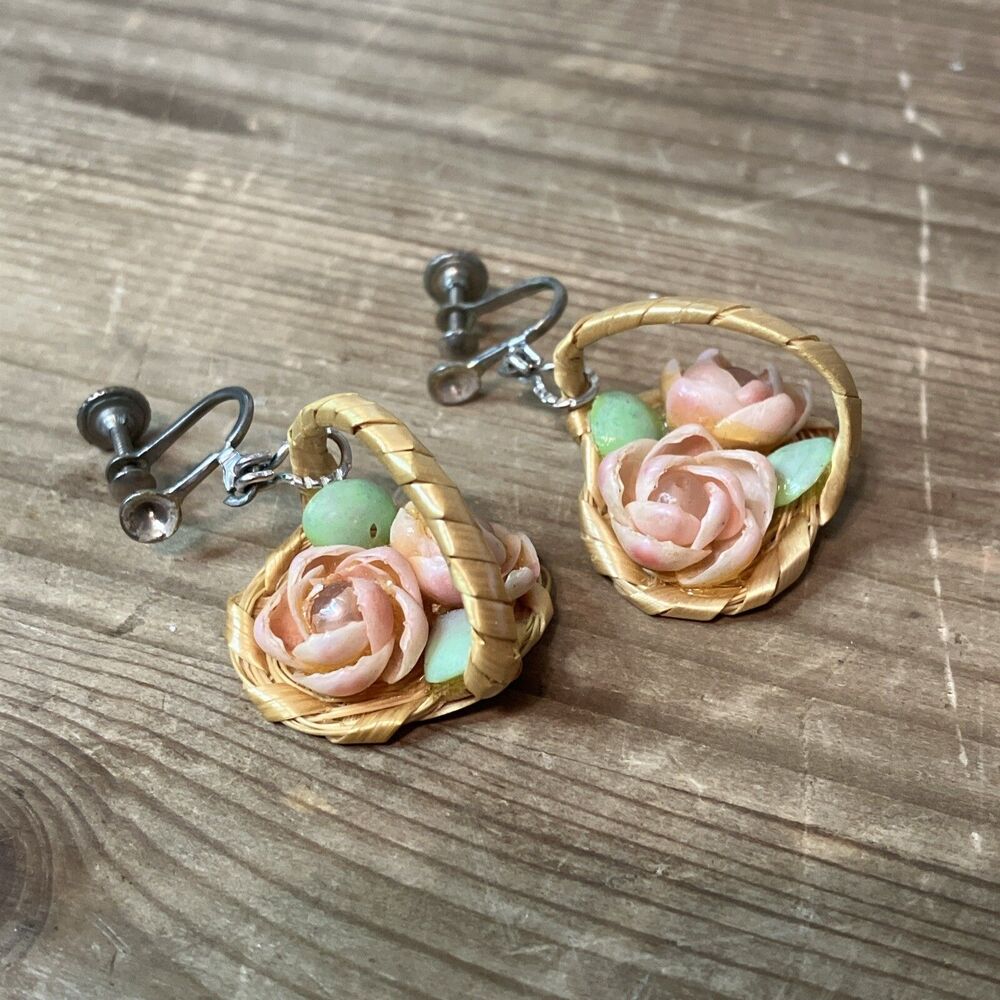 Vintage Shell Flowers Roses In Wicker Basket Earrings Screw Back Cottage Core